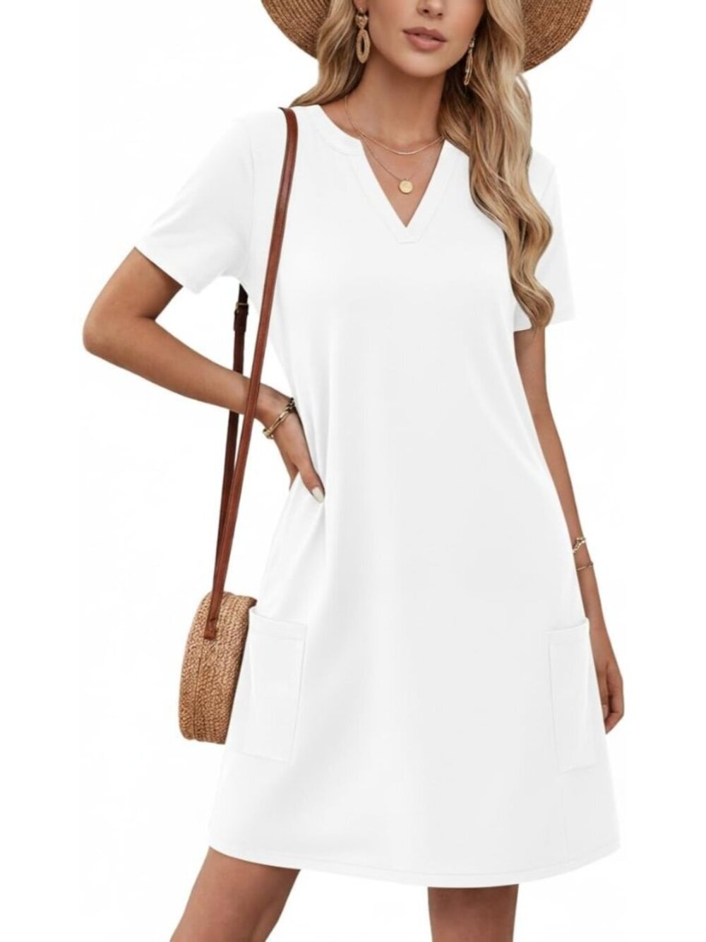 Women's White Resort Short Sleeve Casual Fashion Beach Dresses with Pockets